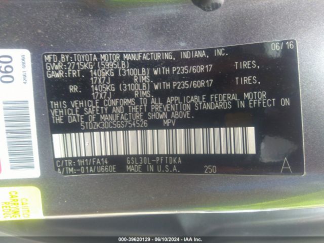 Photo 8 VIN: 5TDZK3DC5GS754526 - TOYOTA SIENNA 