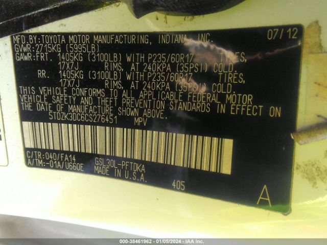 Photo 8 VIN: 5TDZK3DC6CS276451 - TOYOTA SIENNA 