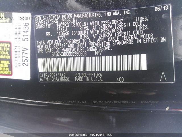 Photo 8 VIN: 5TDZK3DC6DS380603 - TOYOTA SIENNA 