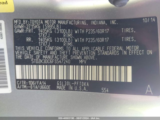 Photo 8 VIN: 5TDZK3DC6FS547240 - TOYOTA SIENNA 