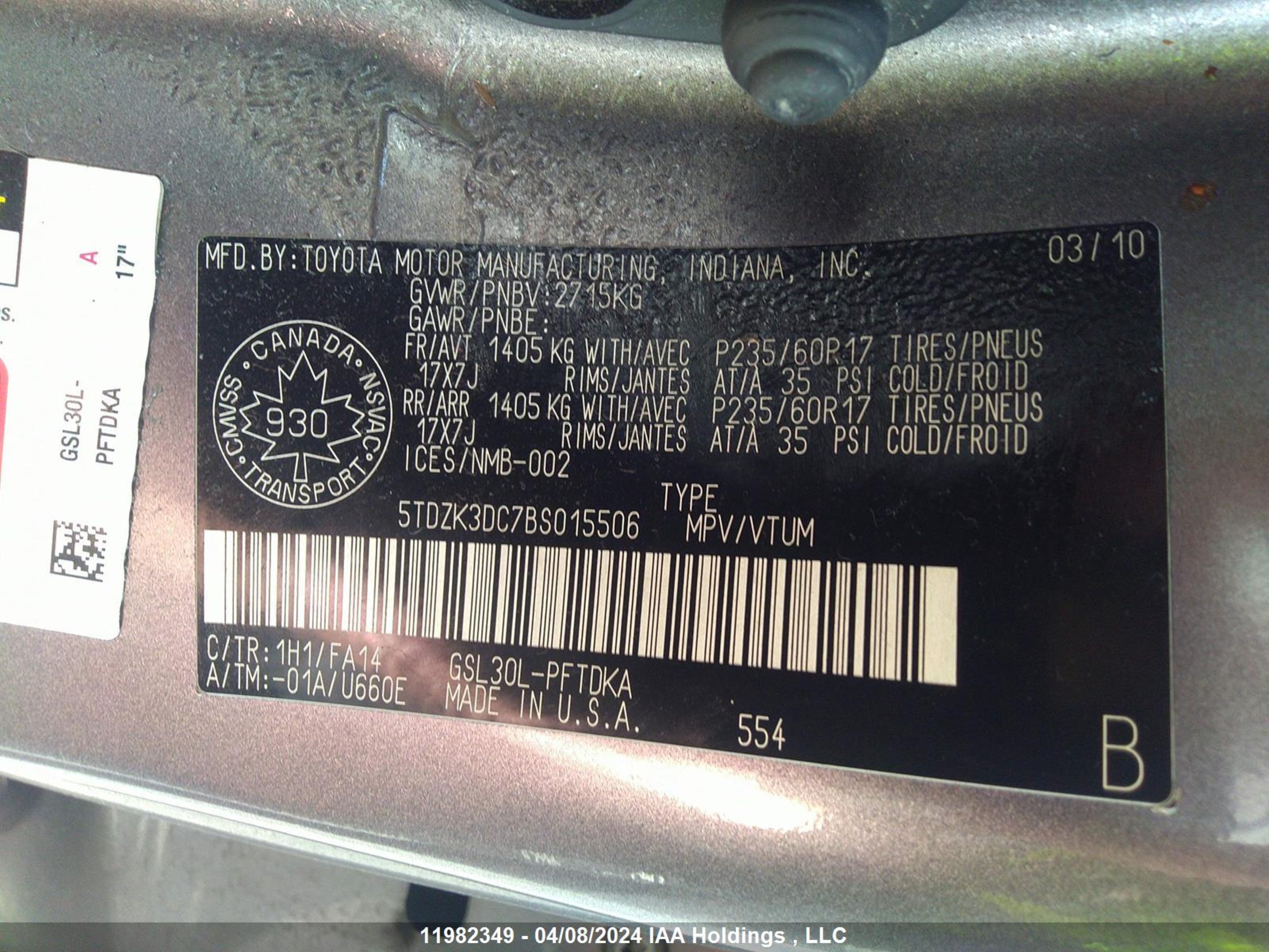 Photo 8 VIN: 5TDZK3DC7BS015506 - TOYOTA SIENNA 