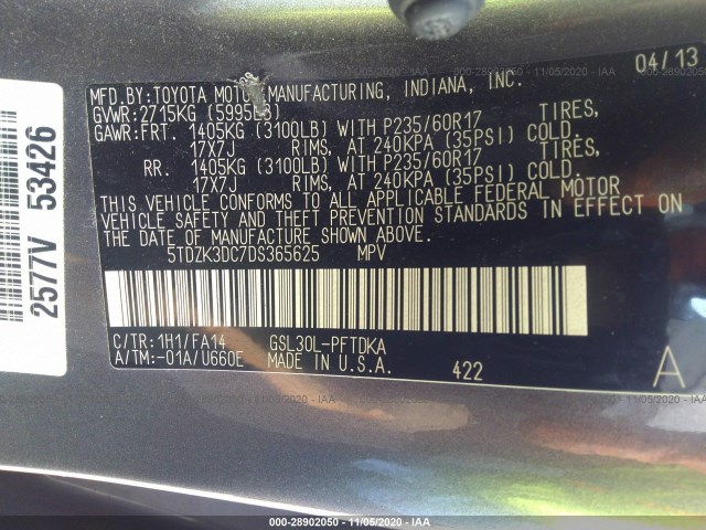 Photo 8 VIN: 5TDZK3DC7DS365625 - TOYOTA SIENNA 