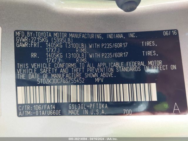 Photo 8 VIN: 5TDZK3DC7GS755452 - TOYOTA SIENNA 