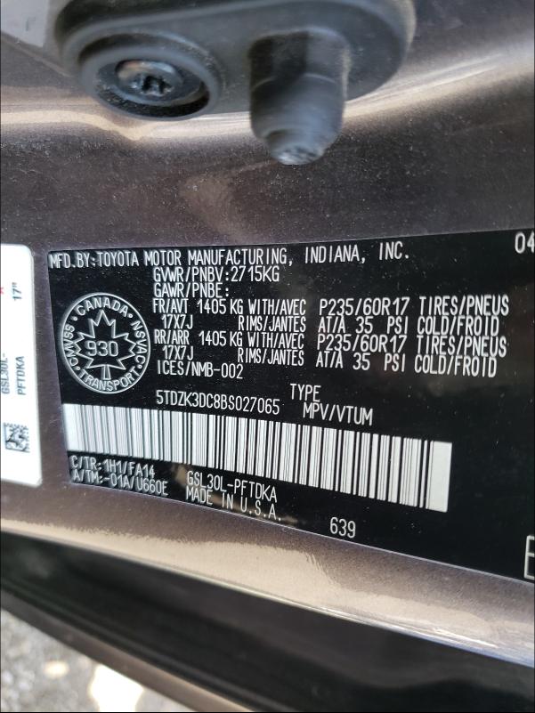 Photo 9 VIN: 5TDZK3DC8BS027065 - TOYOTA SIENNA 