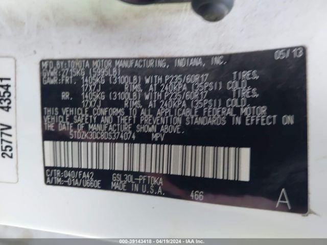 Photo 8 VIN: 5TDZK3DC8DS374074 - TOYOTA SIENNA 