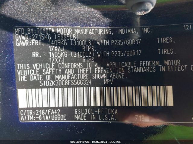 Photo 8 VIN: 5TDZK3DC8FS566324 - TOYOTA SIENNA 