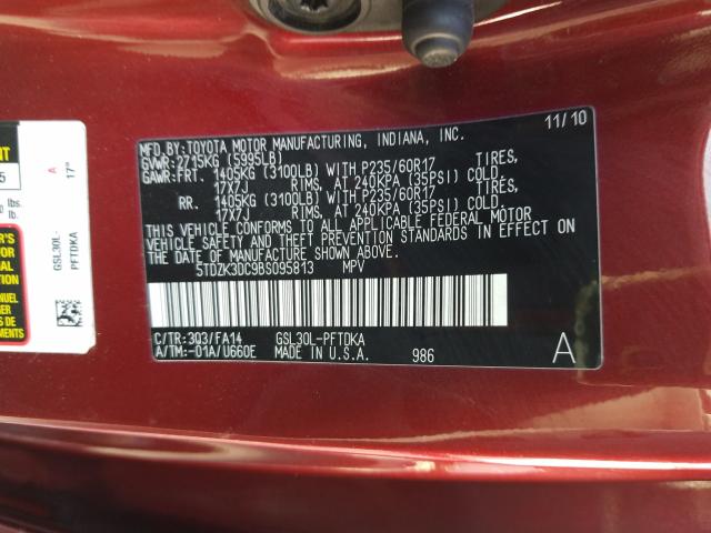 Photo 9 VIN: 5TDZK3DC9BS095813 - TOYOTA SIENNA 