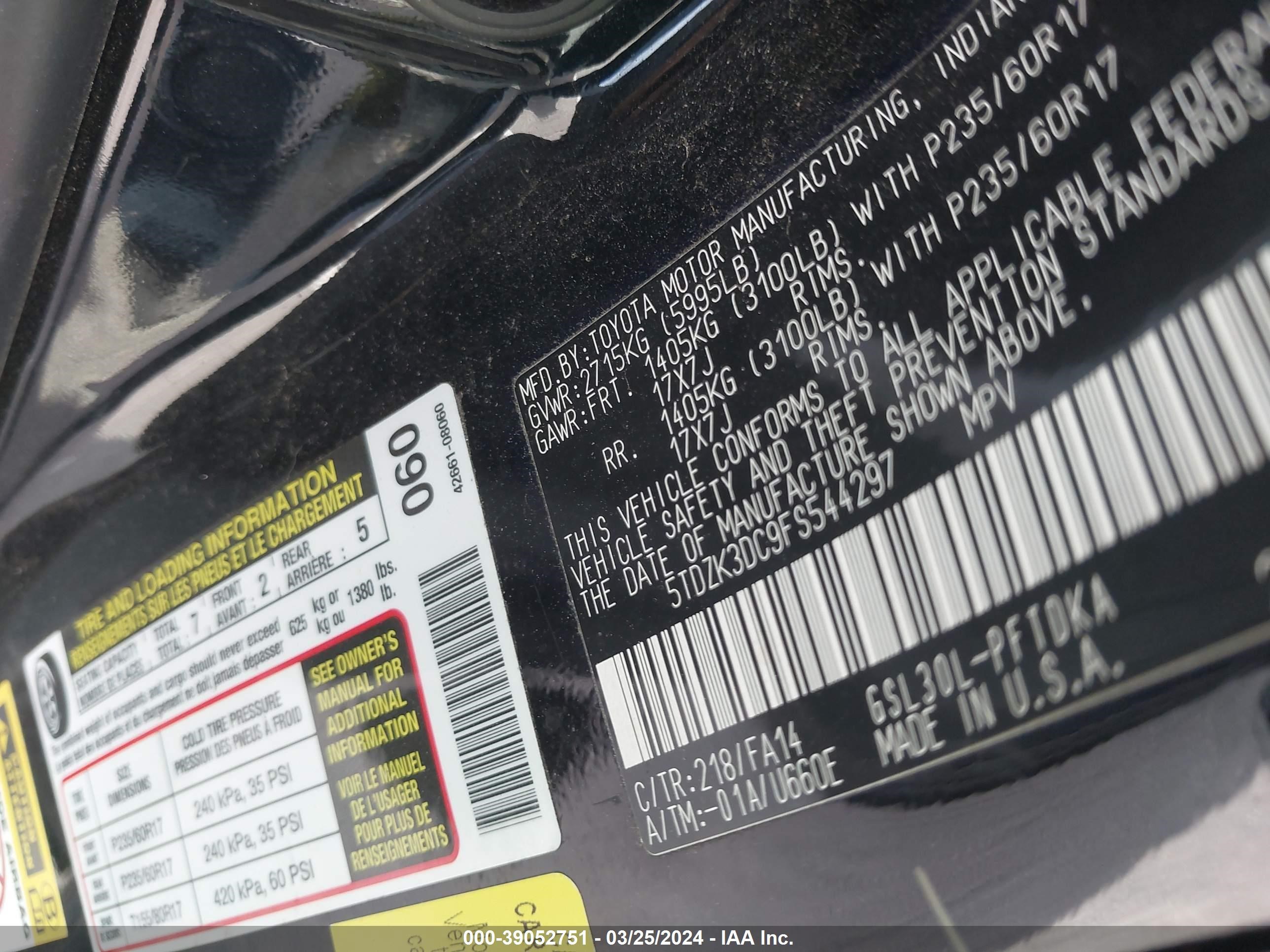 Photo 8 VIN: 5TDZK3DC9FS544297 - TOYOTA SIENNA 