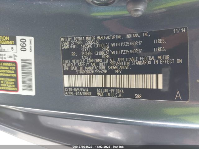 Photo 8 VIN: 5TDZK3DC9FS554294 - TOYOTA SIENNA 