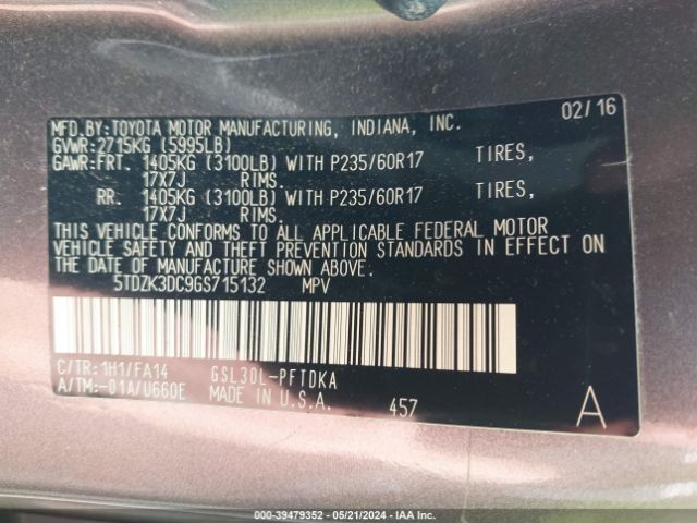 Photo 8 VIN: 5TDZK3DC9GS715132 - TOYOTA SIENNA 