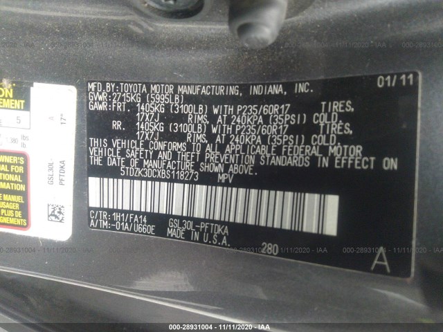 Photo 8 VIN: 5TDZK3DCXBS118273 - TOYOTA SIENNA 