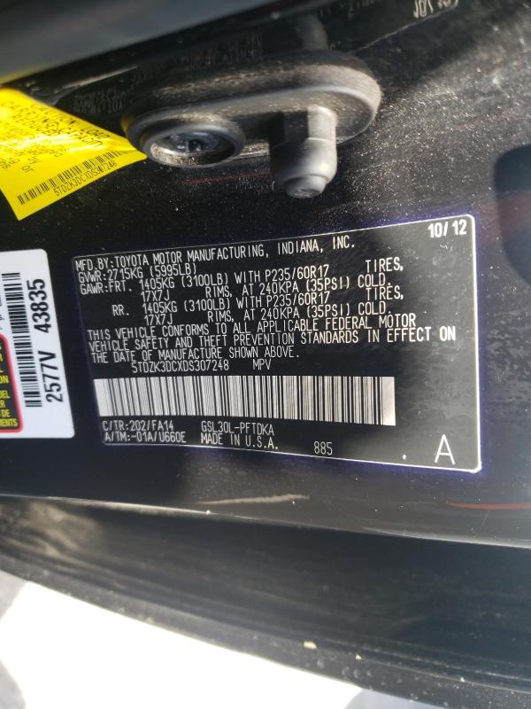 Photo 9 VIN: 5TDZK3DCXDS307248 - TOYOTA SIENNA 