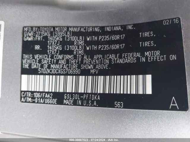 Photo 8 VIN: 5TDZK3DCXGS706990 - TOYOTA SIENNA 