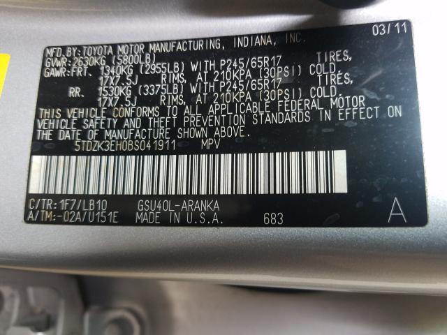 Photo 9 VIN: 5TDZK3EH0BS041911 - TOYOTA HIGHLANDER 