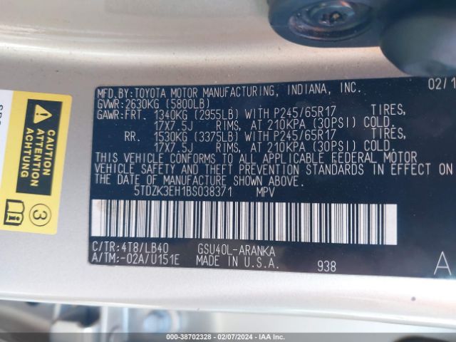 Photo 8 VIN: 5TDZK3EH1BS038371 - TOYOTA HIGHLANDER 