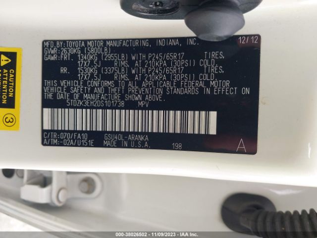 Photo 8 VIN: 5TDZK3EH2DS101738 - TOYOTA HIGHLANDER 