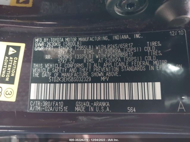 Photo 8 VIN: 5TDZK3EH5BS032329 - TOYOTA HIGHLANDER 