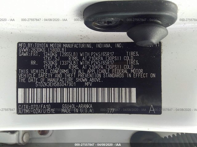 Photo 8 VIN: 5TDZK3EH5BS047901 - TOYOTA HIGHLANDER 