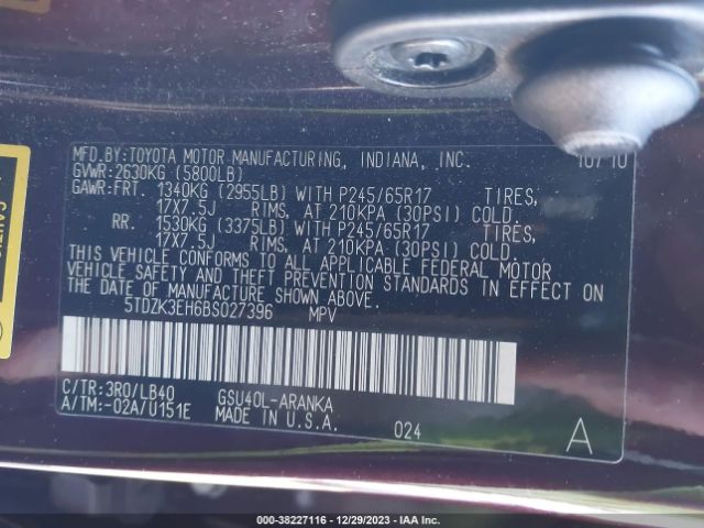 Photo 8 VIN: 5TDZK3EH6BS027396 - TOYOTA HIGHLANDER 