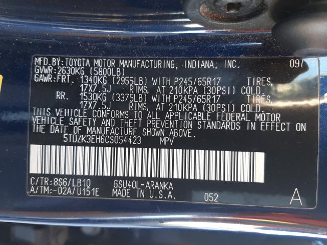 Photo 9 VIN: 5TDZK3EH6CS054423 - TOYOTA HIGHLANDER 