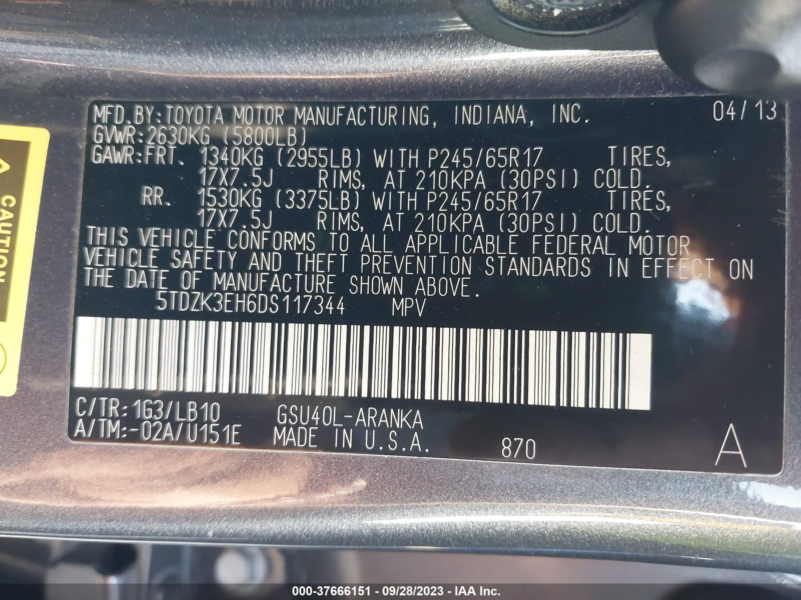 Photo 8 VIN: 5TDZK3EH6DS117344 - TOYOTA HIGHLANDER 