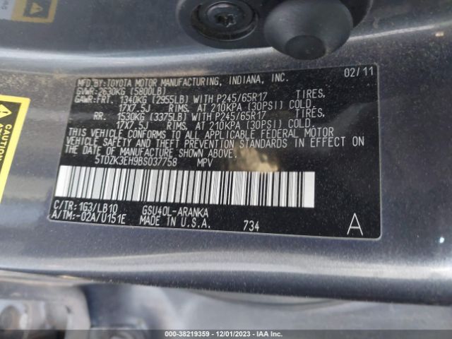 Photo 8 VIN: 5TDZK3EH9BS037758 - TOYOTA HIGHLANDER 