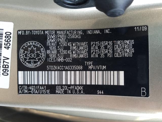 Photo 9 VIN: 5TDZK4CC1AS335068 - TOYOTA SIENNA CE 