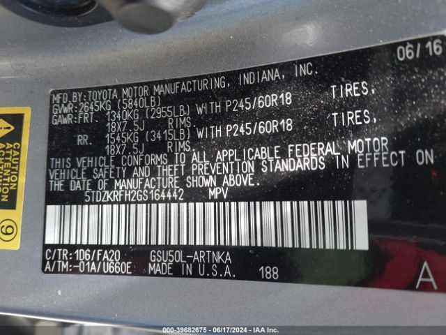 Photo 8 VIN: 5TDZKRFH2GS164442 - TOYOTA HIGHLANDER 