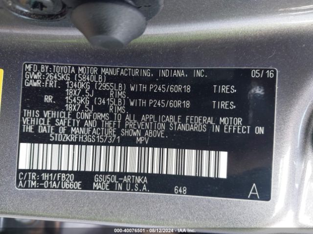 Photo 8 VIN: 5TDZKRFH3GS157371 - TOYOTA HIGHLANDER 