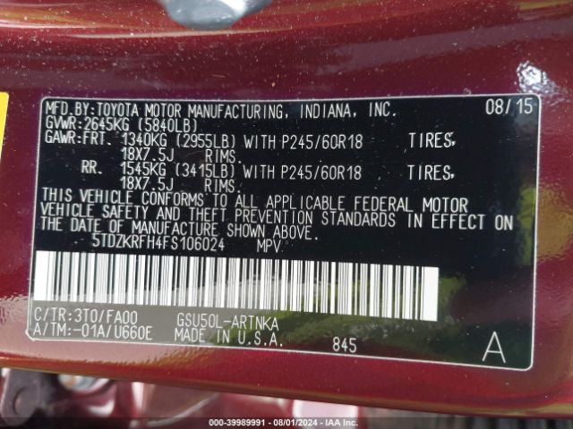 Photo 8 VIN: 5TDZKRFH4FS106024 - TOYOTA HIGHLANDER 