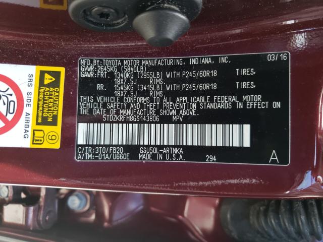 Photo 9 VIN: 5TDZKRFH8GS143806 - TOYOTA HIGHLANDER 