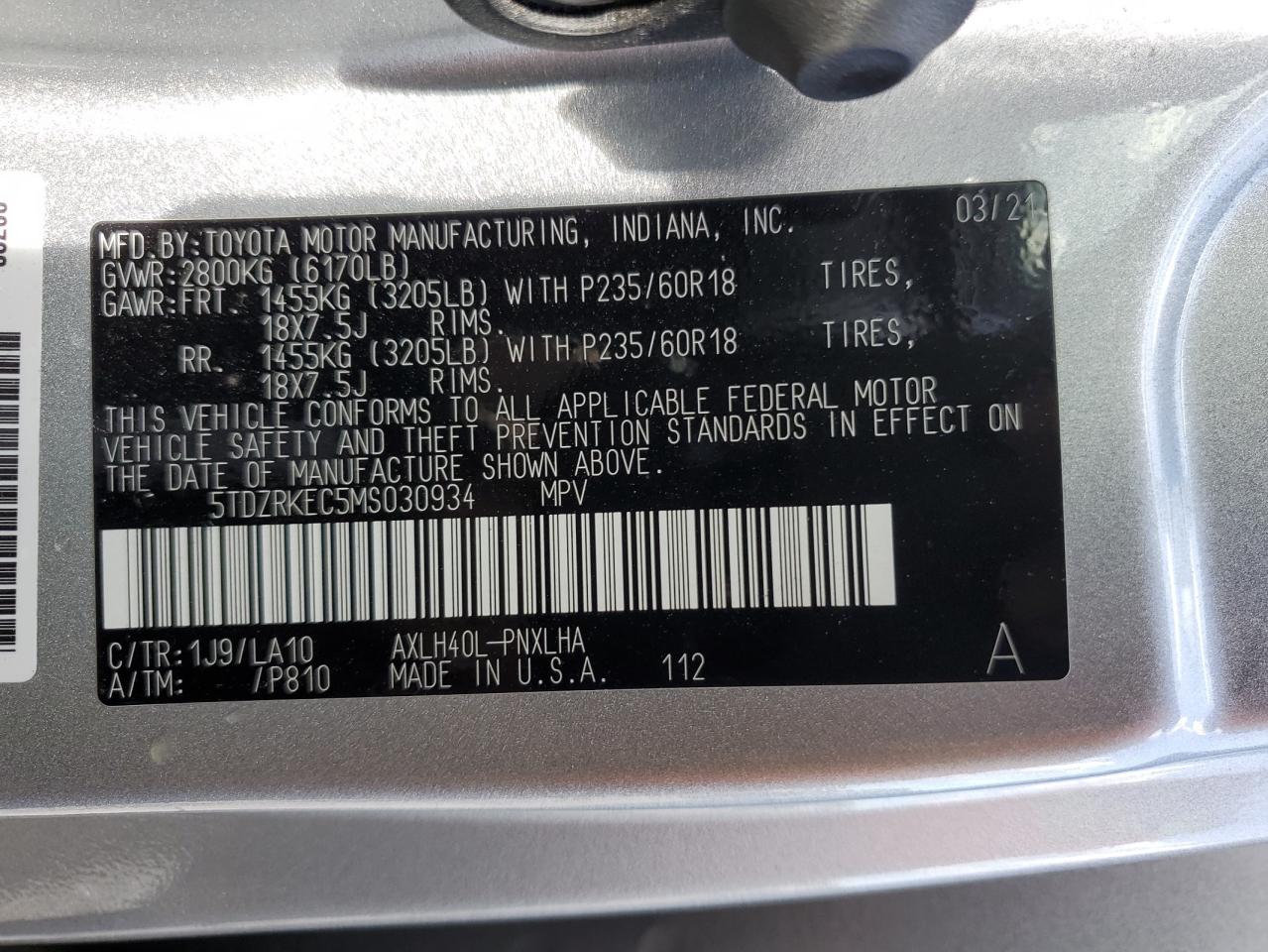 Photo 13 VIN: 5TDZRKEC5MS030934 - TOYOTA SIENNA 