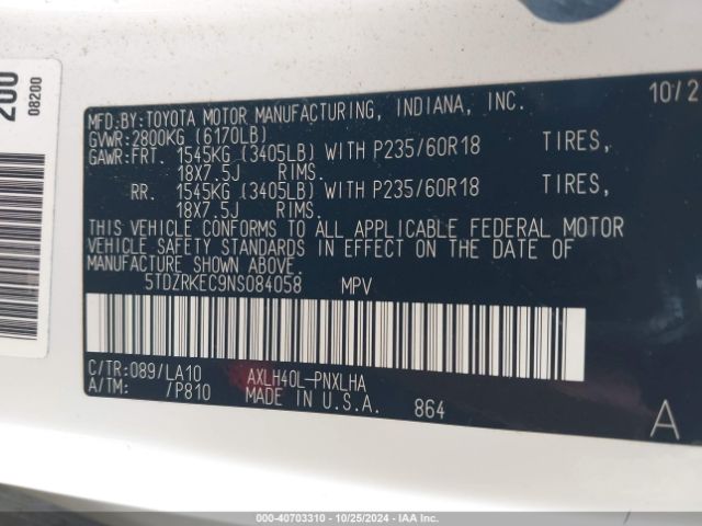 Photo 8 VIN: 5TDZRKEC9NS084058 - TOYOTA SIENNA 