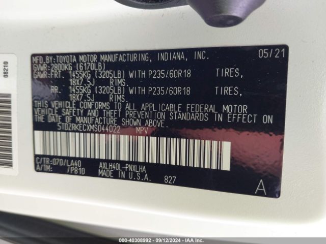 Photo 8 VIN: 5TDZRKECXMS044022 - TOYOTA SIENNA 