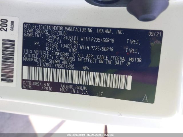 Photo 8 VIN: 5TDZRKECXNS074896 - TOYOTA SIENNA 