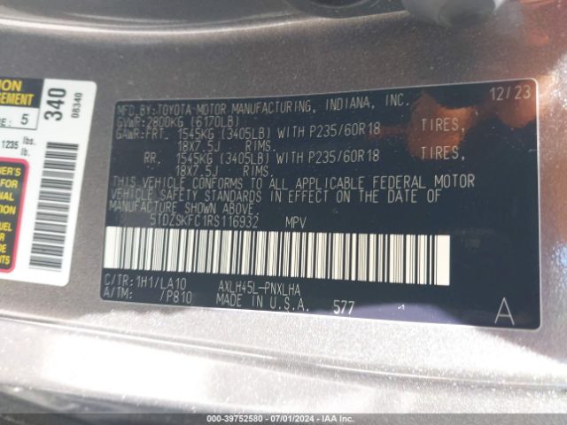 Photo 8 VIN: 5TDZSKFC1RS116932 - TOYOTA SIENNA 