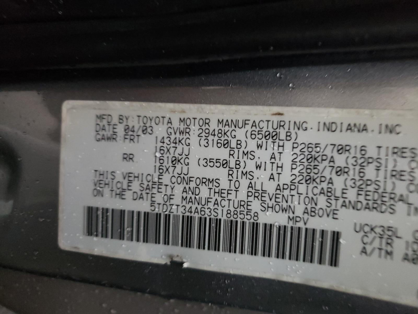 Photo 9 VIN: 5TDZT34A63S188558 - TOYOTA SEQUOIA SR 