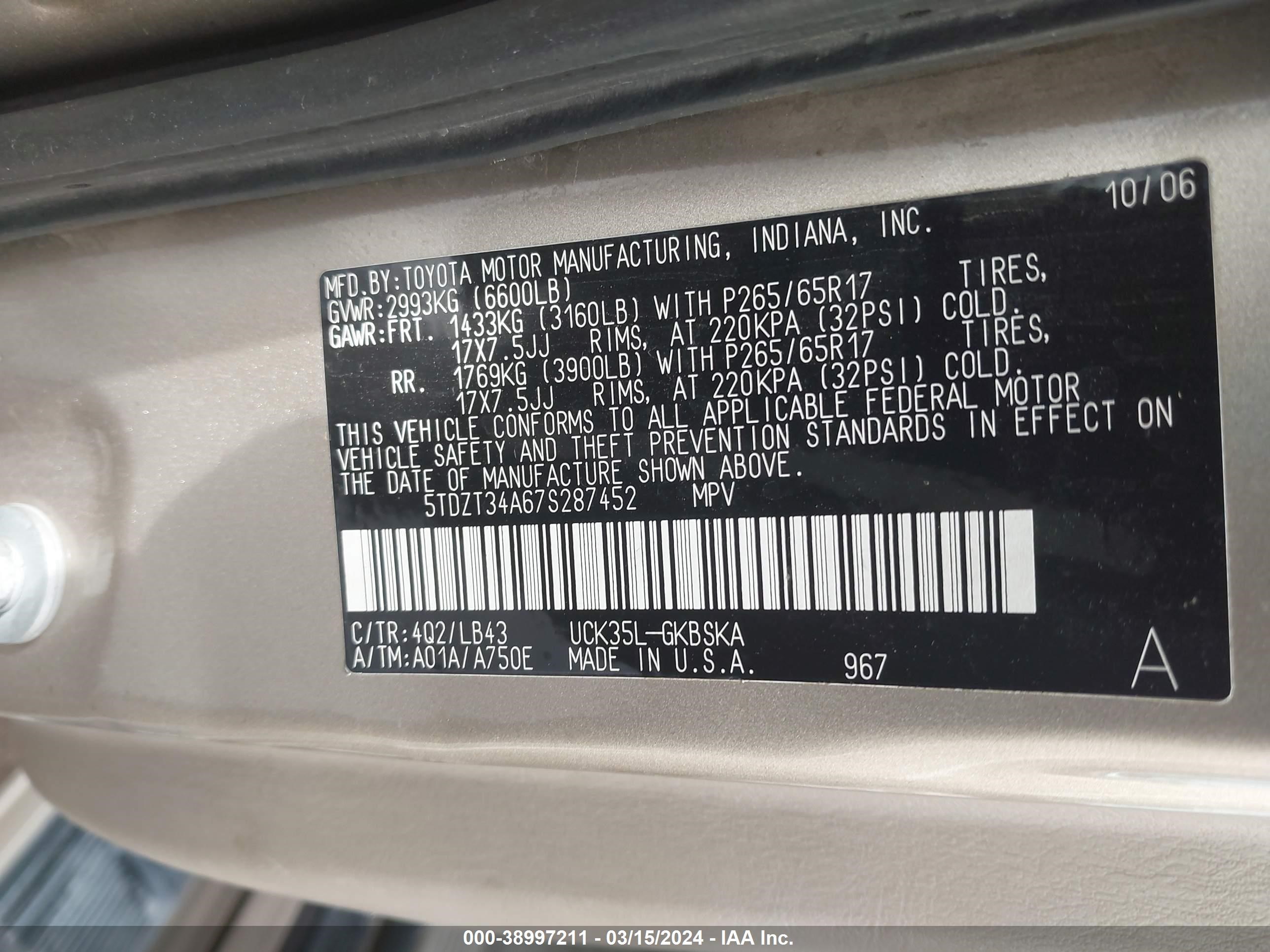 Photo 8 VIN: 5TDZT34A67S287452 - TOYOTA SEQUOIA 