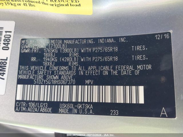 Photo 8 VIN: 5TDZY5G18HS067370 - TOYOTA SEQUOIA 