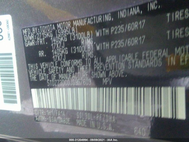 Photo 8 VIN: 5TDZZ3DC0JS957603 - TOYOTA SIENNA 