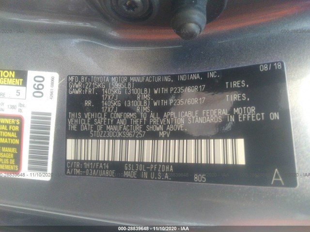 Photo 8 VIN: 5TDZZ3DC0KS967257 - TOYOTA SIENNA 