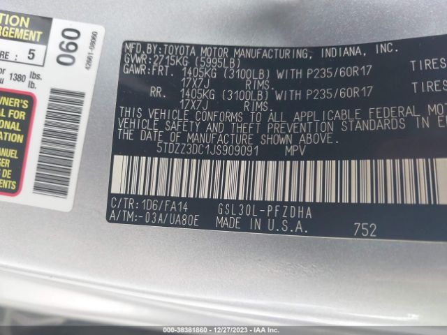 Photo 8 VIN: 5TDZZ3DC1JS909091 - TOYOTA SIENNA 