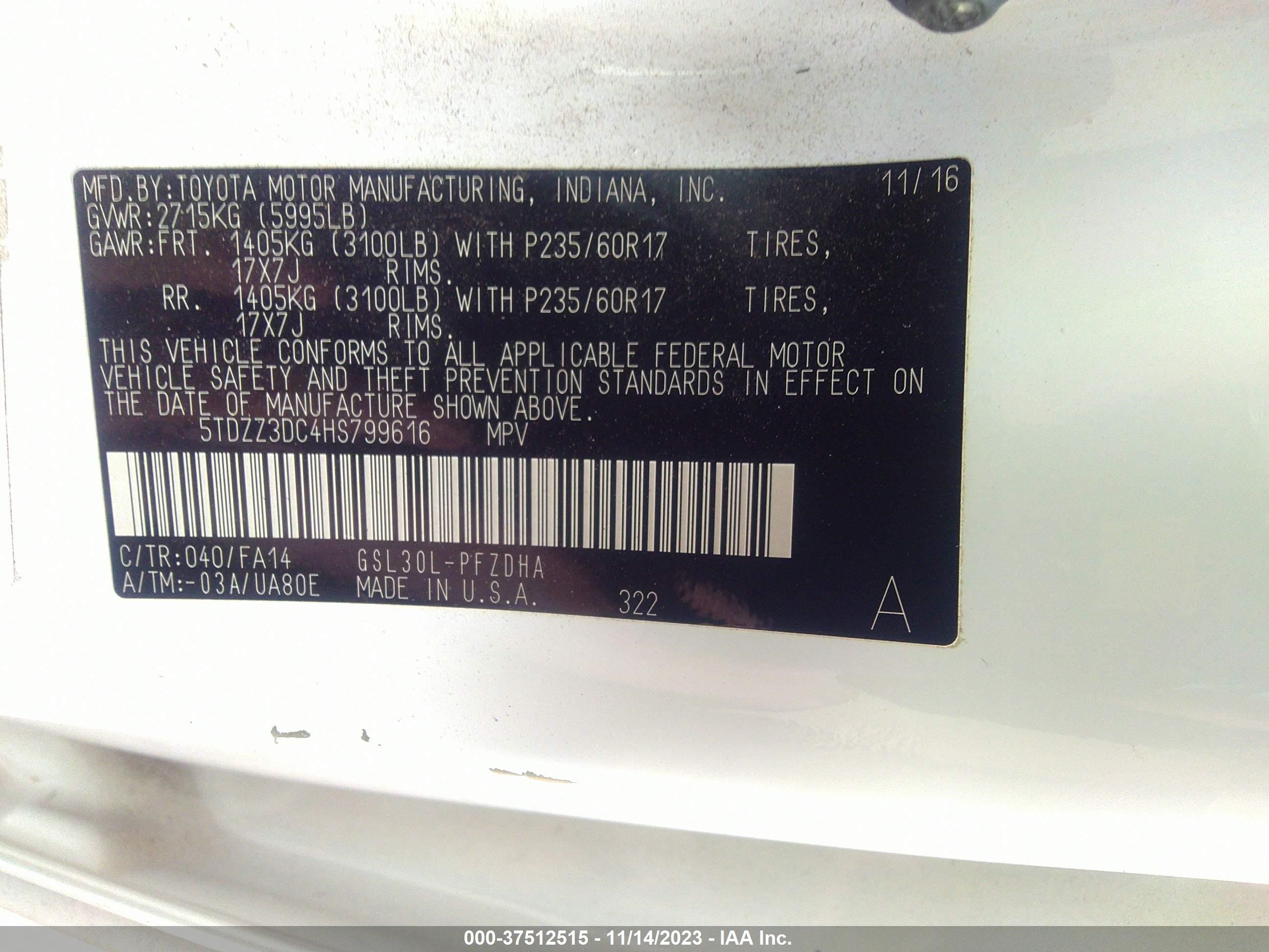 Photo 8 VIN: 5TDZZ3DC4HS799616 - TOYOTA SIENNA 