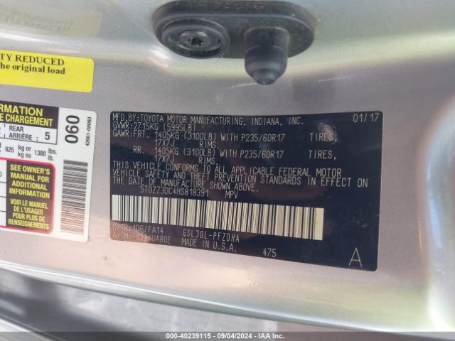 Photo 8 VIN: 5TDZZ3DC4HS818391 - TOYOTA SIENNA 