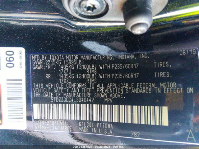 Photo 8 VIN: 5TDZZ3DC4LS040442 - TOYOTA SIENNA 