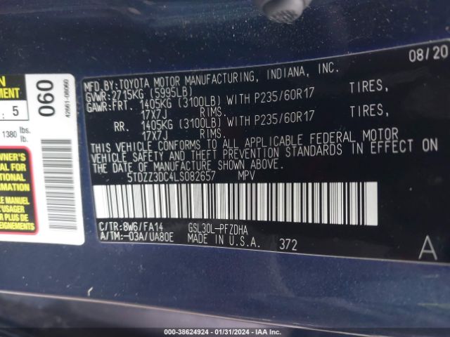 Photo 8 VIN: 5TDZZ3DC4LS082657 - TOYOTA SIENNA 