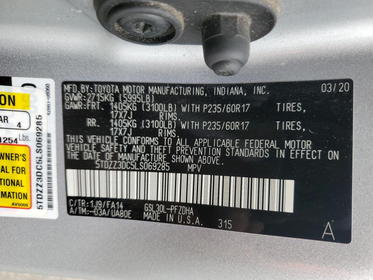 Photo 12 VIN: 5TDZZ3DC5LS069285 - TOYOTA SIENNA 