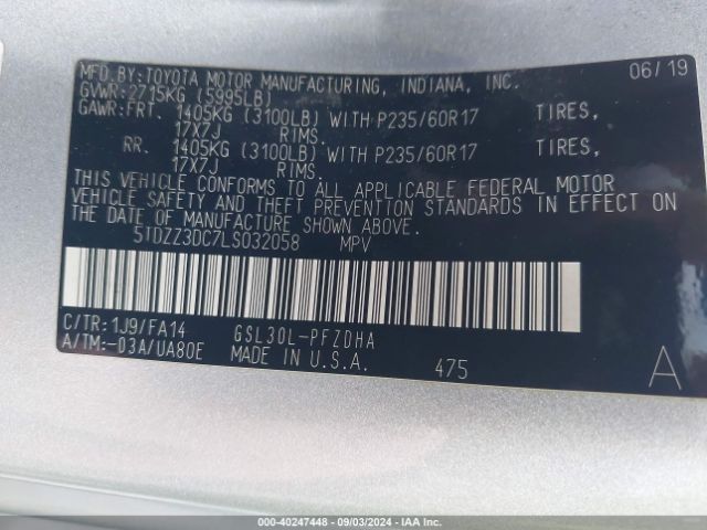 Photo 8 VIN: 5TDZZ3DC7LS032058 - TOYOTA SIENNA 