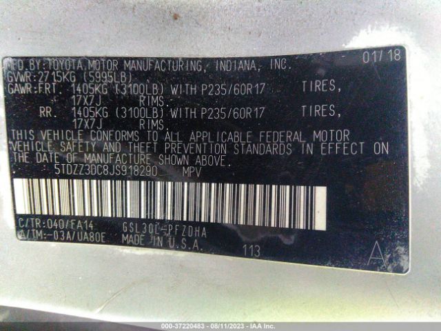 Photo 8 VIN: 5TDZZ3DC8JS918290 - TOYOTA SIENNA 