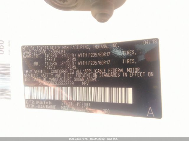 Photo 8 VIN: 5TDZZ3DC9JS939729 - TOYOTA SIENNA 